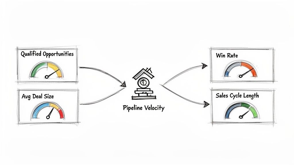 Sales pipeline velocity model diagram with gauges for qualified opportunities, deal size, win rate, and sales cycle length.
