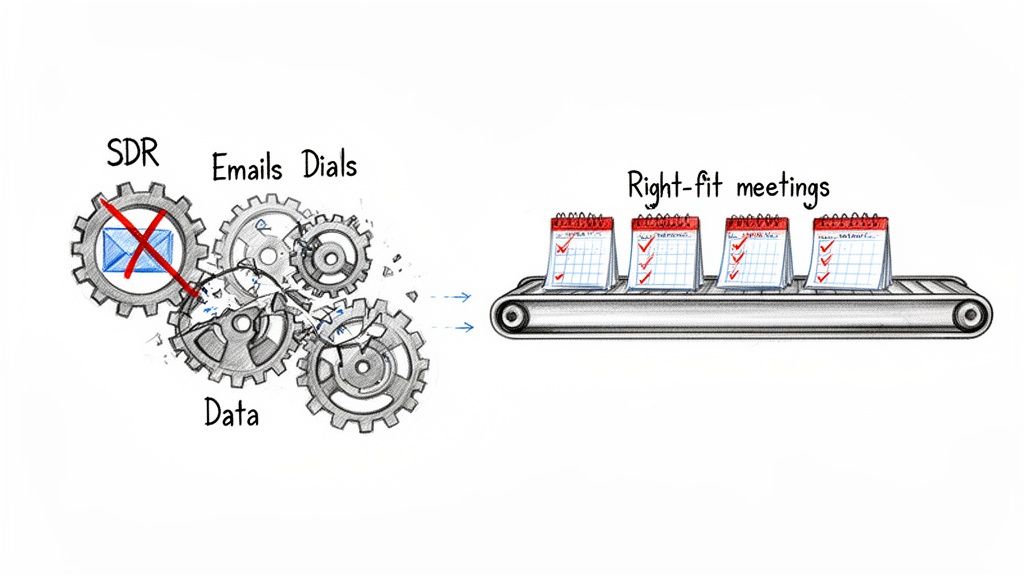 Illustration of a broken SDR, email, dials, and data process leading to right-fit meetings on a conveyor belt.