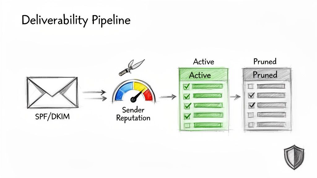 Diagram showing an email deliverability pipeline, from SPF/DKIM to sender reputation, active and pruned lists.