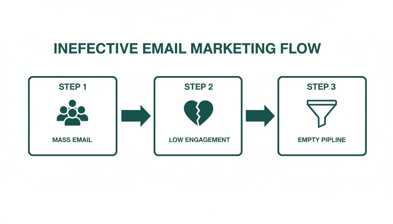 Flowchart showing ineffective email marketing from mass emails to low engagement and empty pipeline.