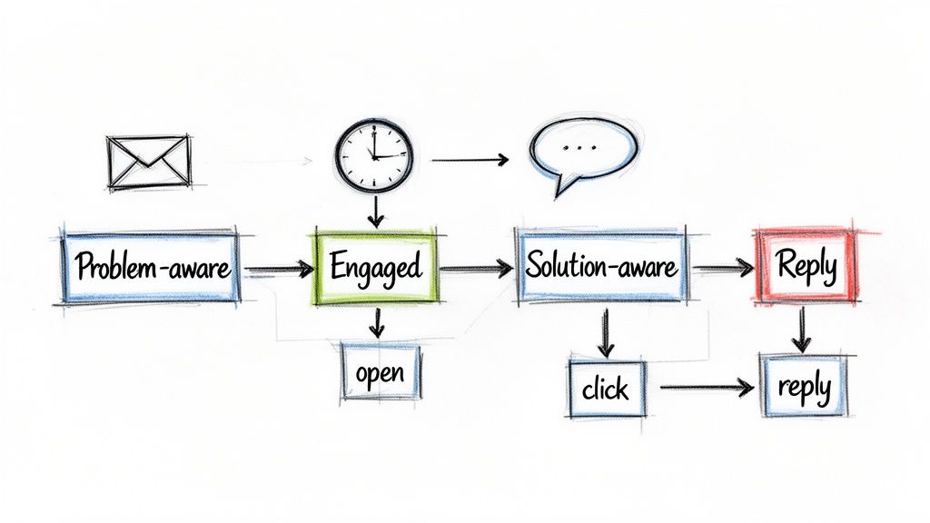 A hand-drawn flowchart illustrating an email marketing lead generation and engagement process.
