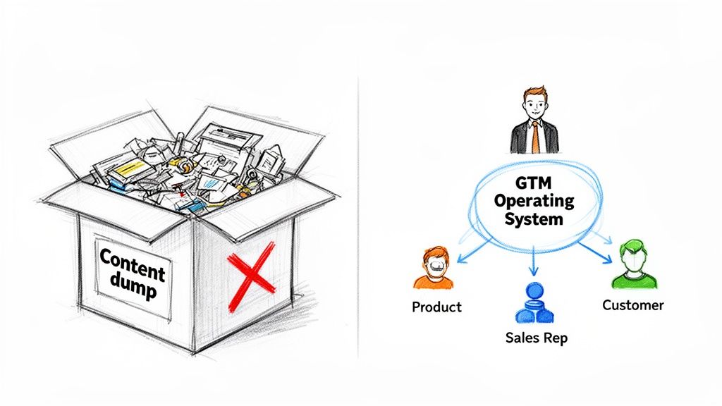Comparison of a disorganized content dump versus a structured GTM operating system involving product, sales, and customer.