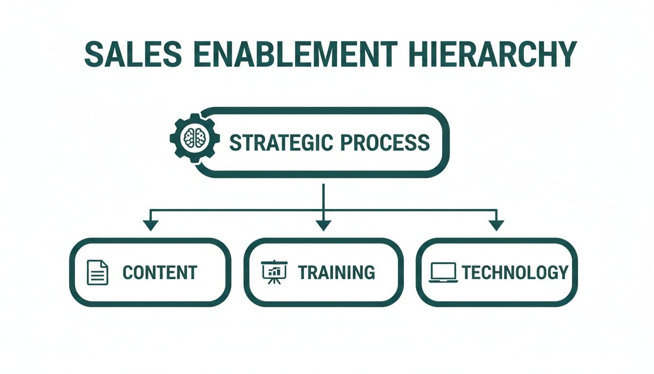 A diagram illustrating the Sales Enablement Hierarchy with Strategic Process leading to Content, Training, and Technology.