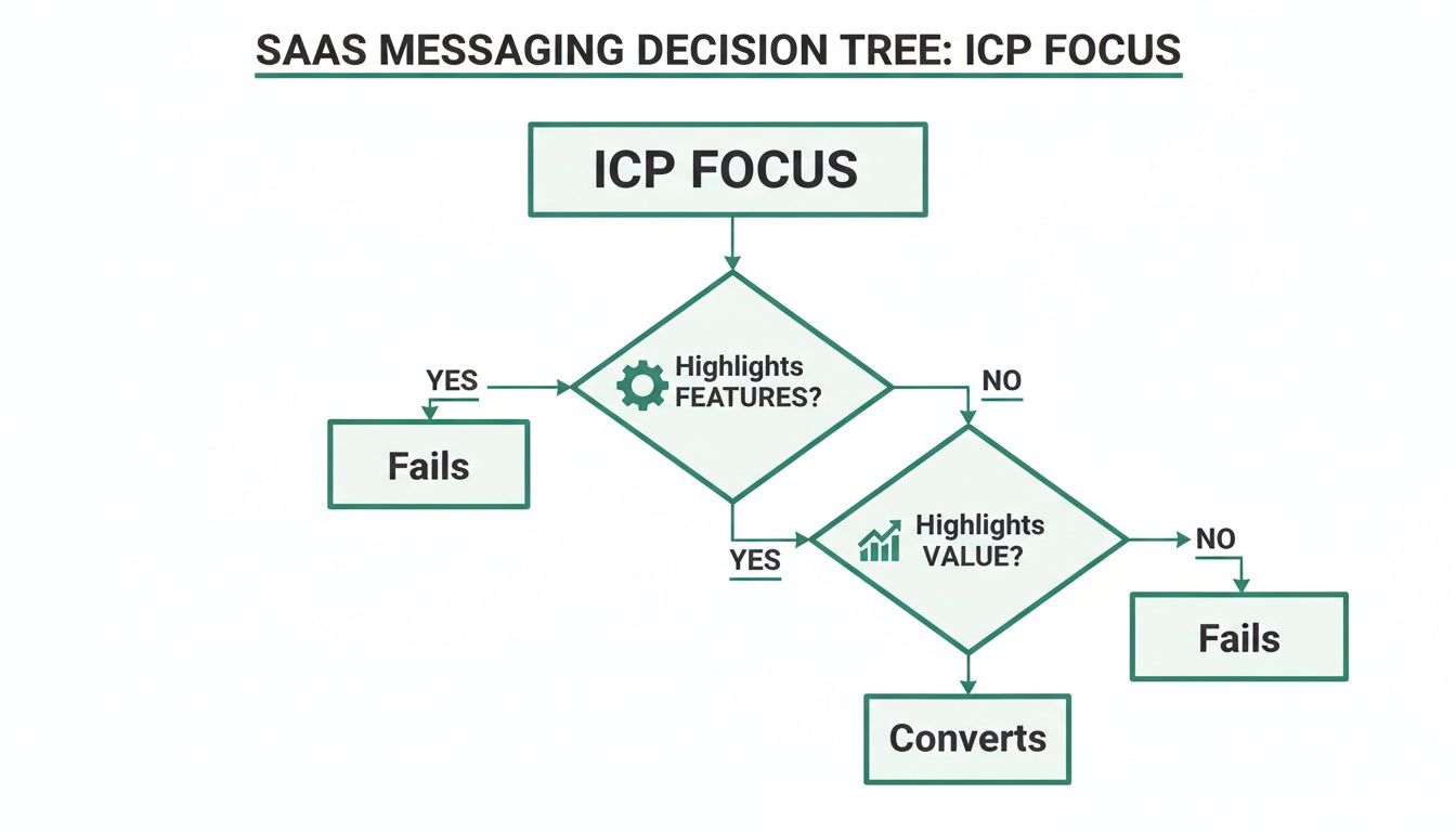 SaaS messaging decision tree flowchart for ICP focus, evaluating features and value for conversion.