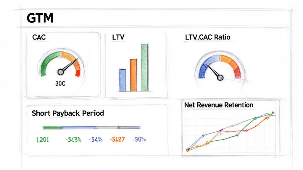 Hand-drawn sketch of a Go-To-Market (GTM) dashboard with key SaaS metrics and performance indicators.