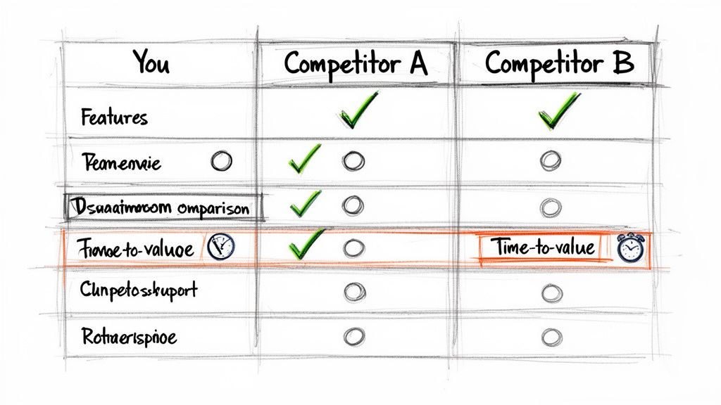 Handwritten comparison table showing 'You' versus 'Competitor A' and 'Competitor B' with feature checks.