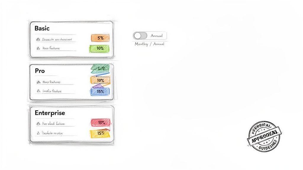 Hand-drawn sketch of Basic, Pro, and Enterprise pricing tiers with features, percentages, and an annual toggle.