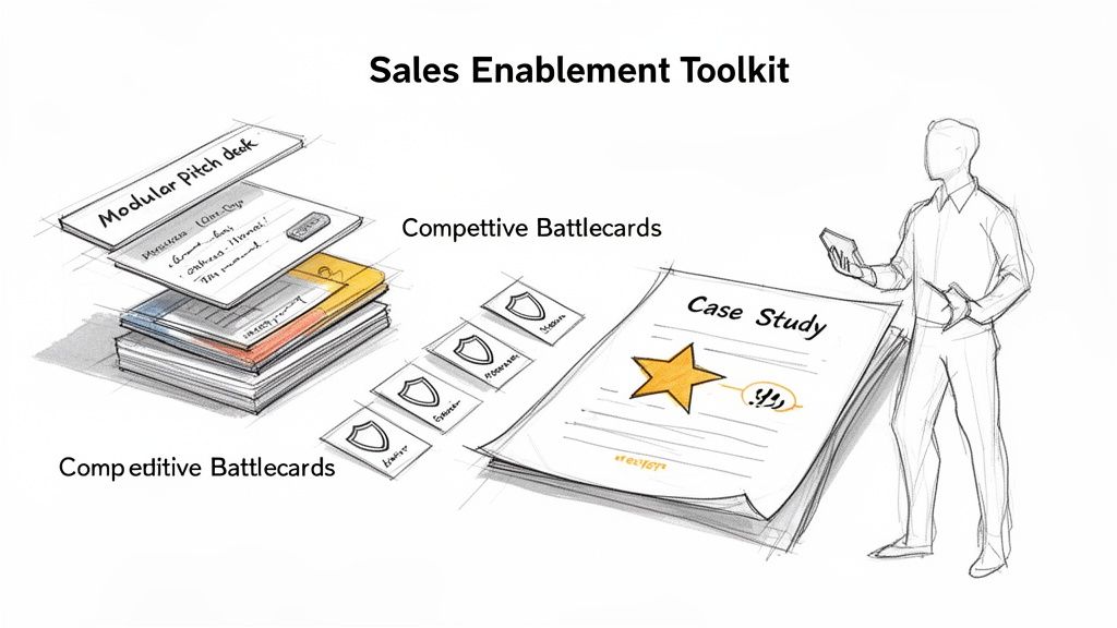 An illustration of a sales enablement toolkit featuring a modular pitch deck, competitive battlecards, a case study, and a person.