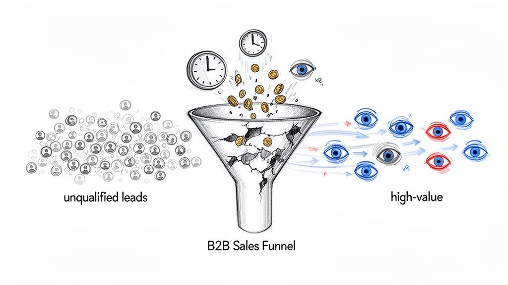 Illustration of a B2B sales funnel transforming unqualified leads into high-value prospects, showing invested time and money.