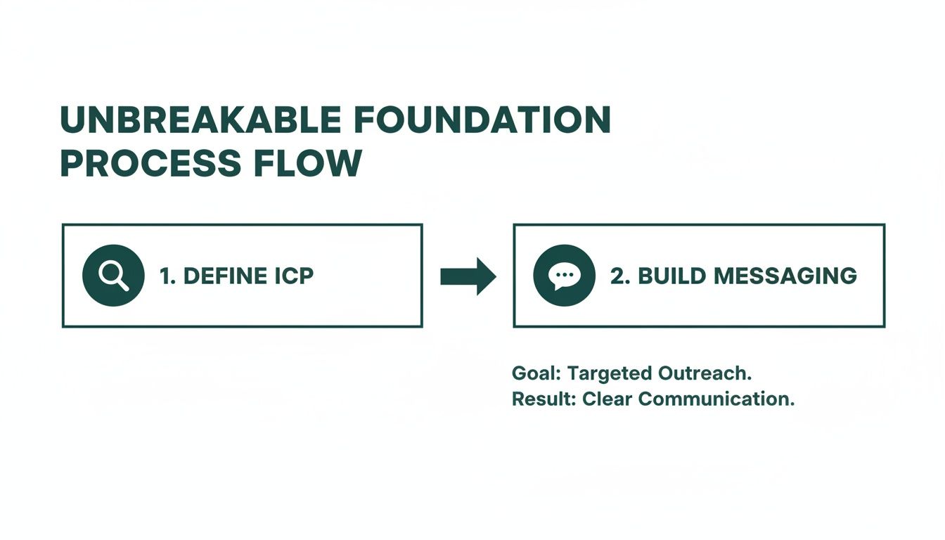 A two-step process flow diagram with '1. Define ICP' and '2. Build Messaging' leading to targeted outreach.