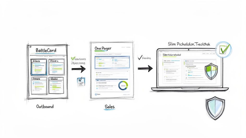 Diagram illustrating a three-stage sales and lead generation process from BattleCard to One Pager on a laptop.