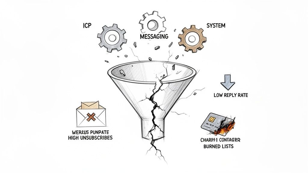 Cracked funnel diagram symbolizing failed outbound lead generation, resulting in high unsubscribes, low reply rates, and burned lists.