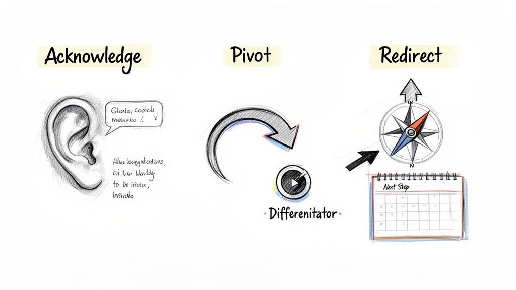 A diagram illustrating 'Acknowledge, Pivot, Redirect' steps for handling objections, with ear, arrow, and compass.