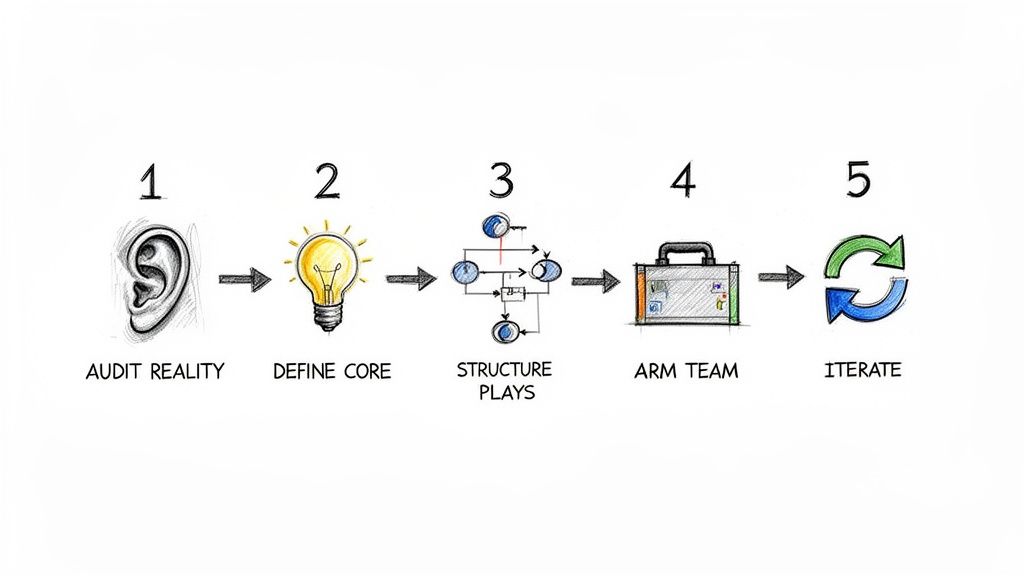 A 5-step strategic process diagram showing audit reality, define core, structure plays, arm team, and iterate.