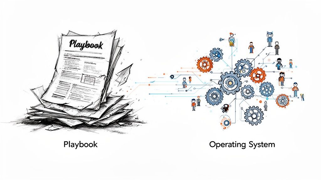 A visual depicting a 'Playbook' (stack of papers) evolving into a 'Operating System' (gears and people network).