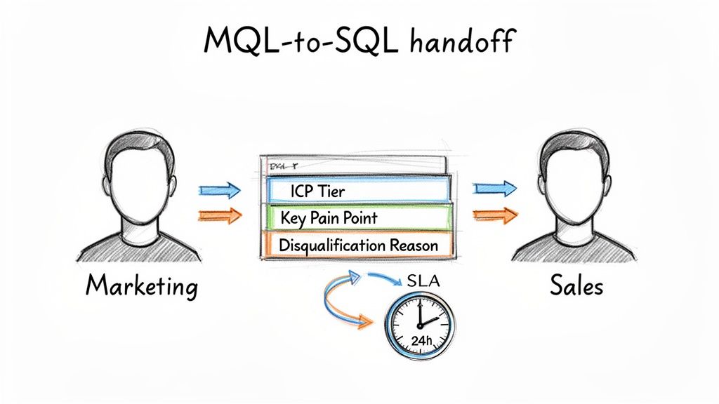 Diagram showing the MQL-to-SQL handoff process between Marketing and Sales, including key lead criteria and a 24h SLA.