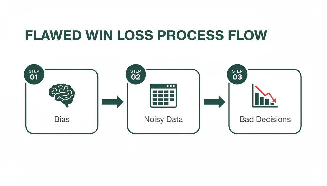 Flowchart showing a flawed win-loss process: Bias leads to noisy data, causing bad decisions.