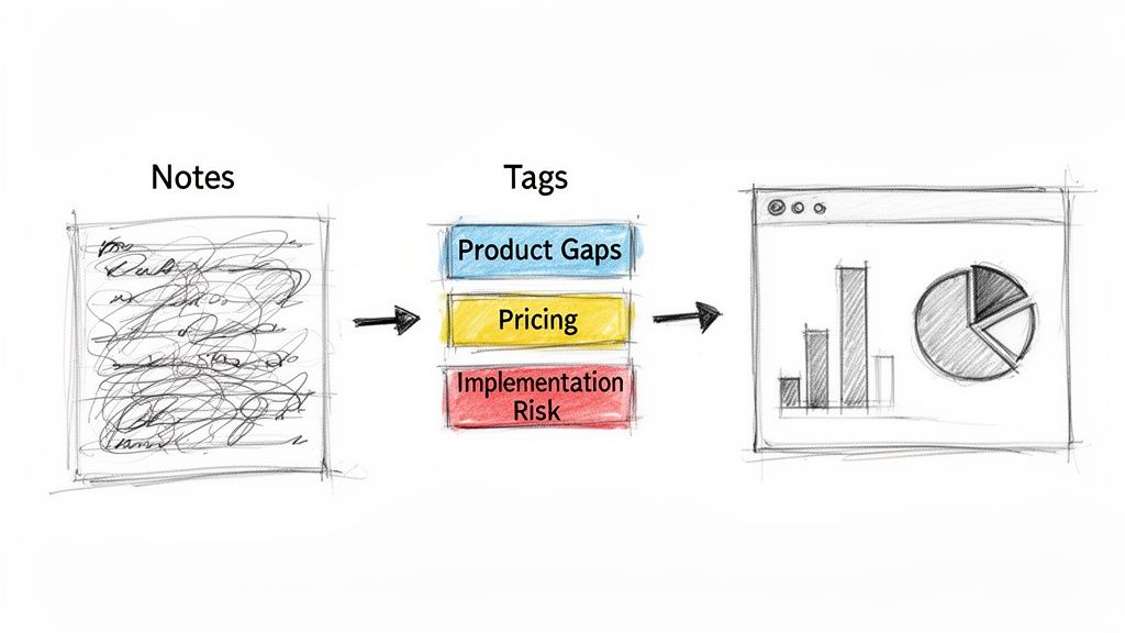 Diagram showing how messy notes are transformed into structured tags for product gaps, pricing, and implementation risk, then visualized as charts.