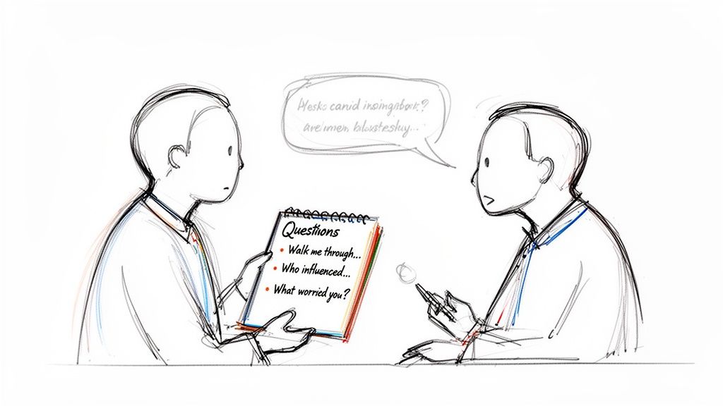 Illustration of two people discussing, one holding a notepad with interview questions for analysis.