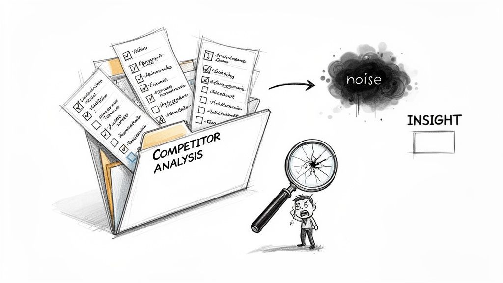 Illustration of competitor analysis data becoming noise, obscuring valuable insights for a frustrated analyst.