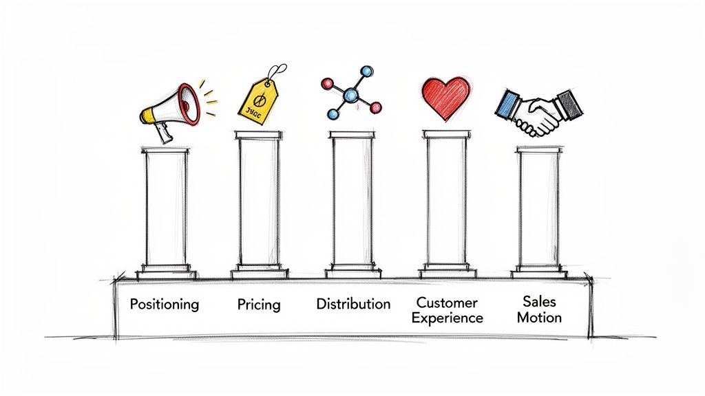 Five pillars illustrating business concepts: Positioning, Pricing, Distribution, Customer Experience, Sales Motion.