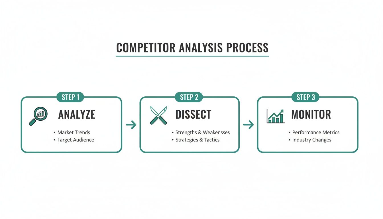 A 3-step competitor analysis process flowchart showing analyze, dissect, and monitor stages.