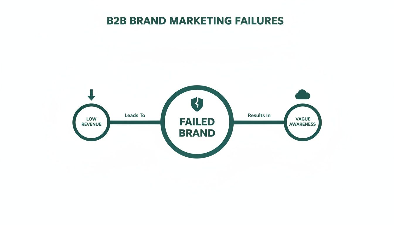 Diagram illustrating B2B brand marketing failures: low revenue leads to a failed brand, resulting in vague awareness.