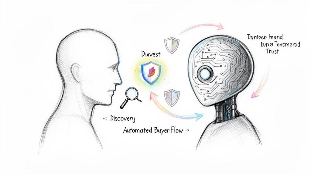 Diagram of human and robot interacting with a Durvest shield, illustrating discovery and automated buyer flow.