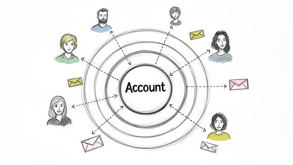 An account at the center of concentric circles, interacting with six diverse users via messages.