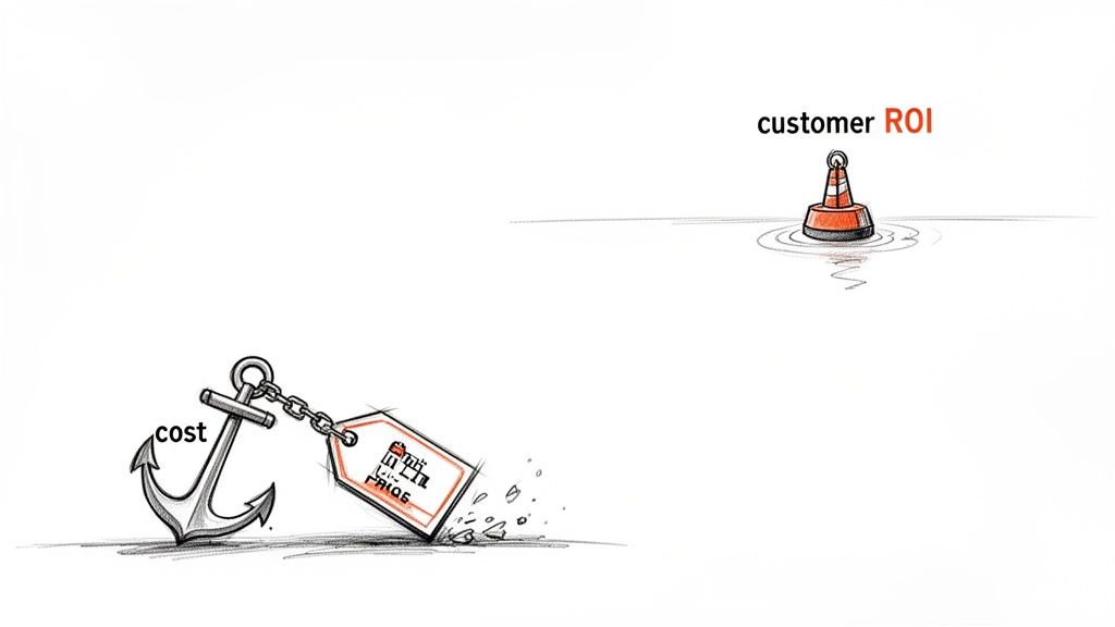 An anchor labeled 'cost' is chained to a 'price' tag, contrasted with a buoy marked 'customer ROI'.