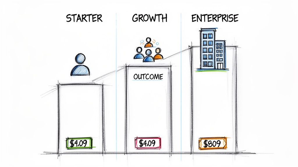 A visual representation of a tiered pricing model with Starter, Growth, and Enterprise plans, showing different prices.