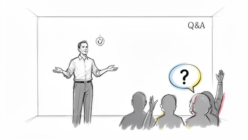 An illustration of a man presenting to an audience, with one person asking a question during Q&A.