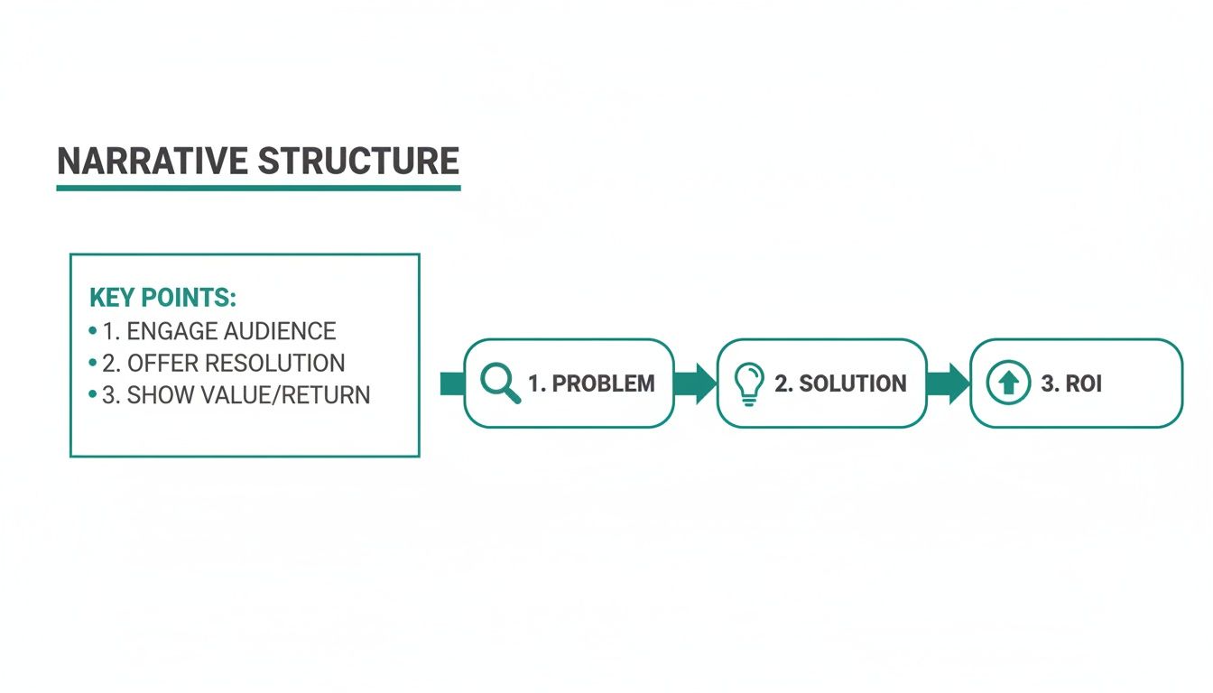 Diagram outlining a narrative structure with key points and a three-step process: Problem, Solution, ROI.