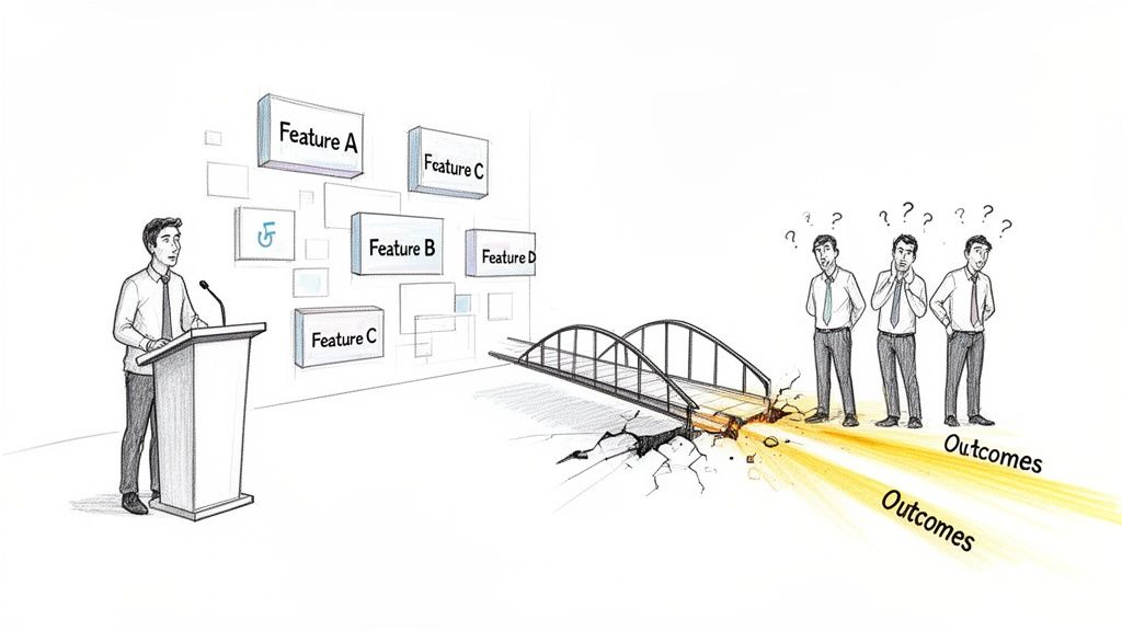 A speaker details product features while a broken bridge separates them from desired outcomes for a puzzled audience.
