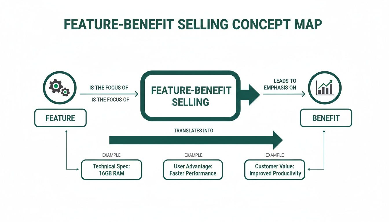 A concept map visually explaining feature-benefit selling, showing features translating into benefits with examples.