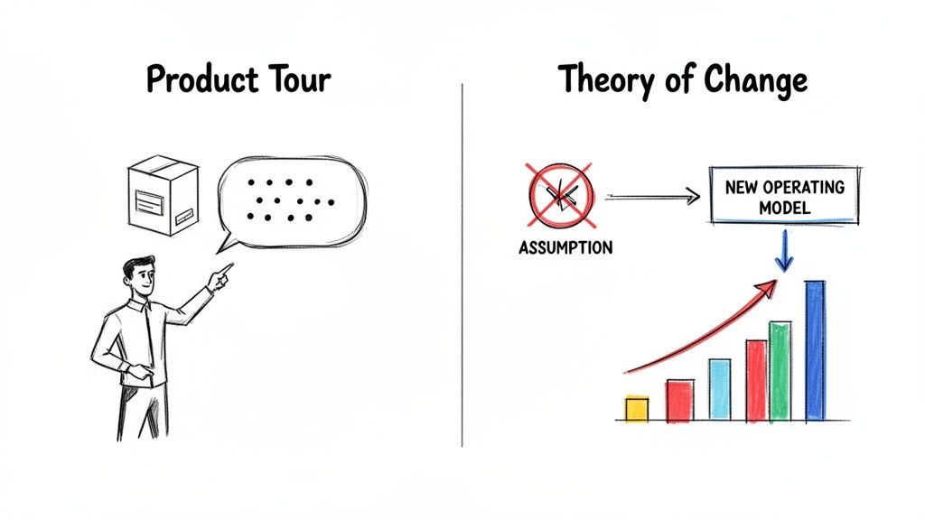 Illustration comparing a product tour with a theory of change, showing a man presenting and a growth model.