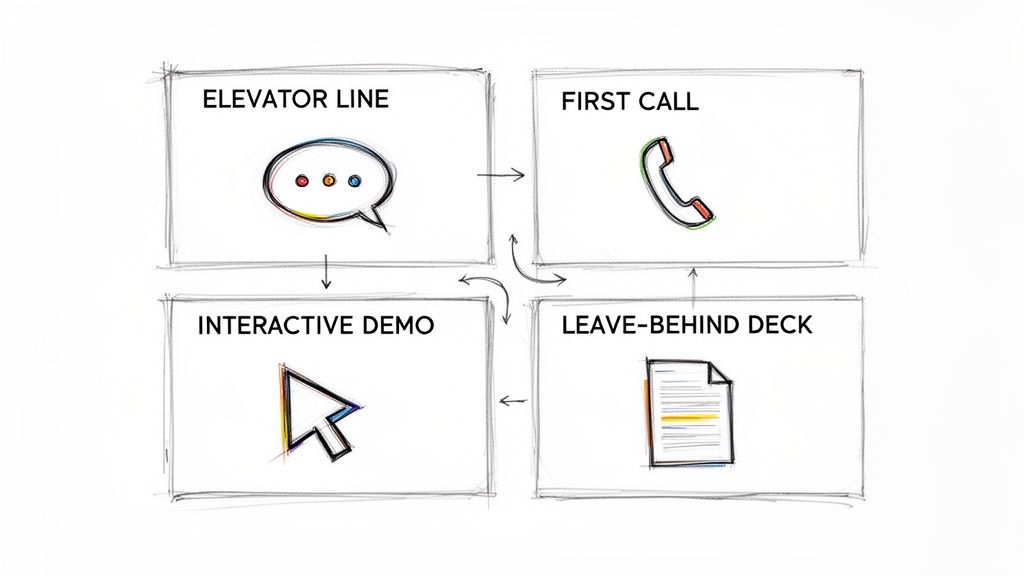 Sales pitch process diagram showing steps like elevator line, first call, interactive demo, and leave-behind deck.