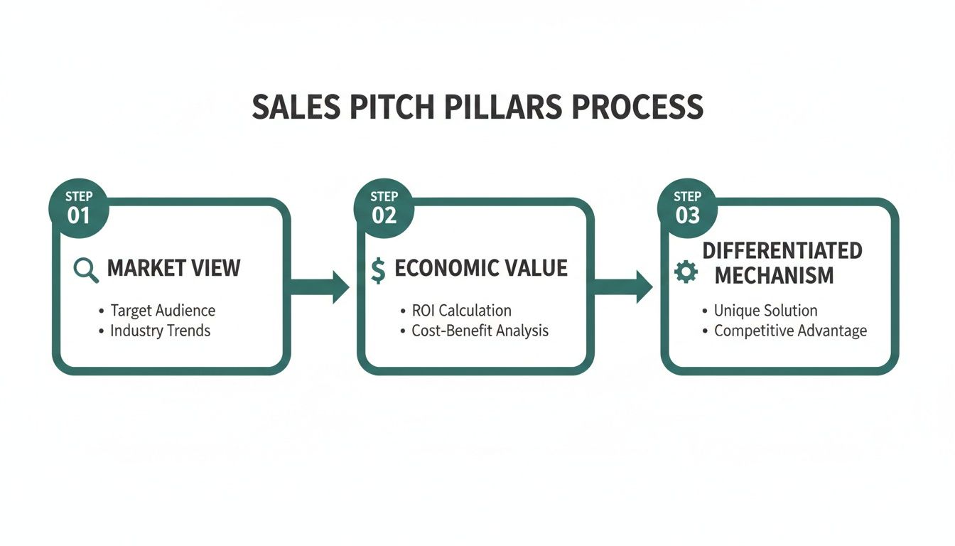 A sales pitch process diagram detailing Market View, Economic Value, and Differentiated Mechanism steps.