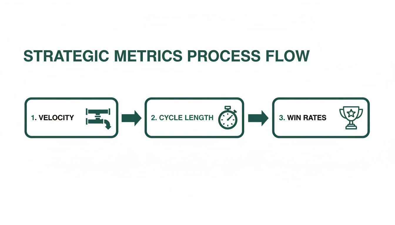 A strategic metrics process flow diagram showing steps: Velocity, Cycle Length, and Win Rates.