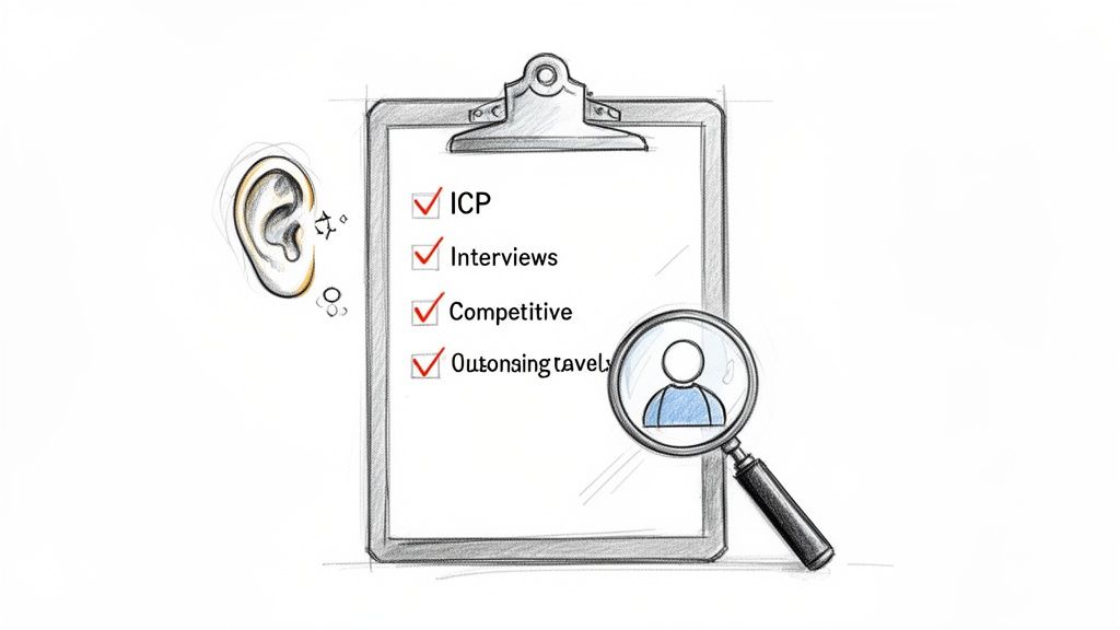 A hand-drawn image of a business strategy checklist, with an ear for listening and a magnifying glass for research.