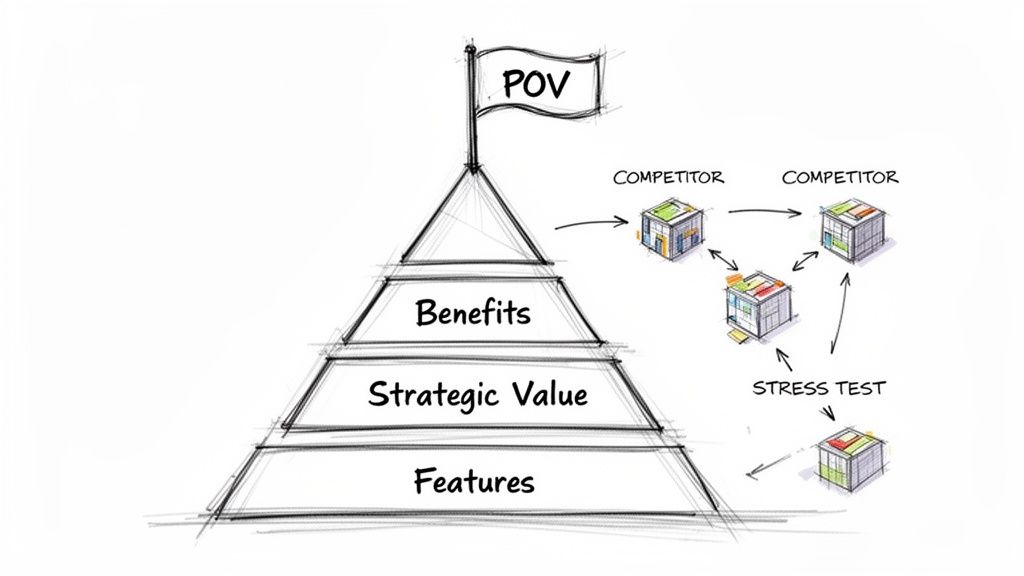 Diagram illustrating a strategic marketing process from features to POV, including competitor analysis and stress testing.