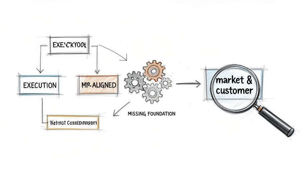 A hand-drawn flowchart illustrating an execution process, showing mis-alignment, gears, a missing foundation, and market & customer analysis.