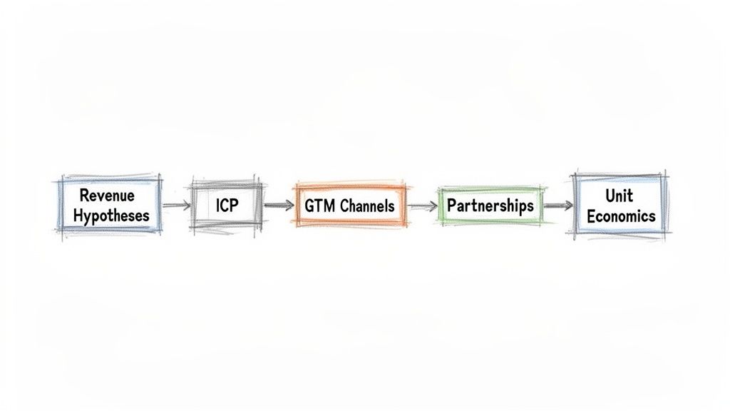 A strategic business flowchart detailing sequential steps from revenue hypotheses to unit economics.