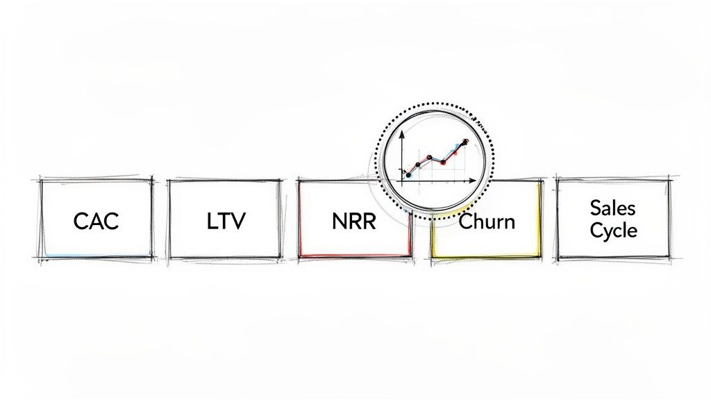 An illustrative image of key business metrics including CAC, LTV, NRR, Churn, and Sales Cycle, with a growth graph.