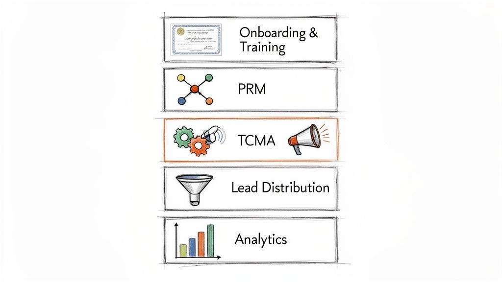 Hand-drawn list showcasing channel distribution and marketing processes: onboarding, PRM, TCMA, lead distribution, analytics.