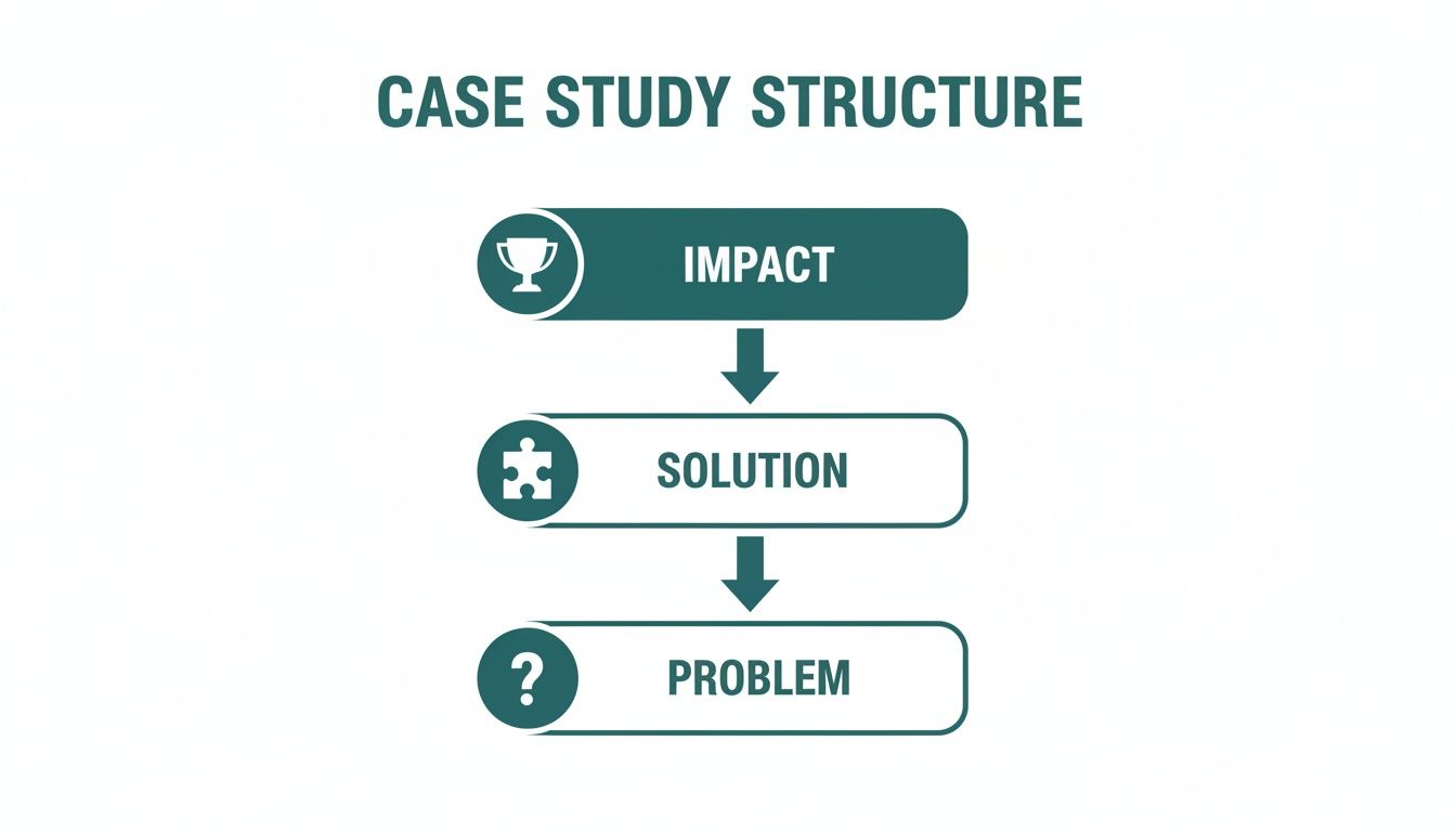 A flowchart illustrating the Case Study Structure: Impact, Solution, and Problem, with corresponding icons.
