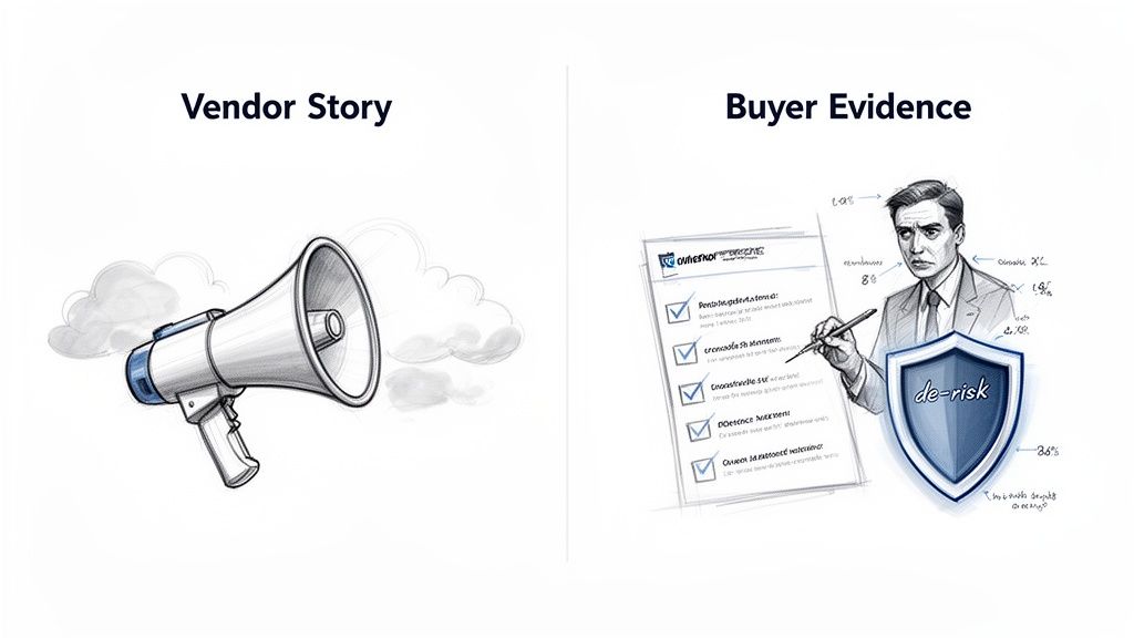 Illustration contrasting a vendor's story with a megaphone and a buyer examining evidence to de-risk.