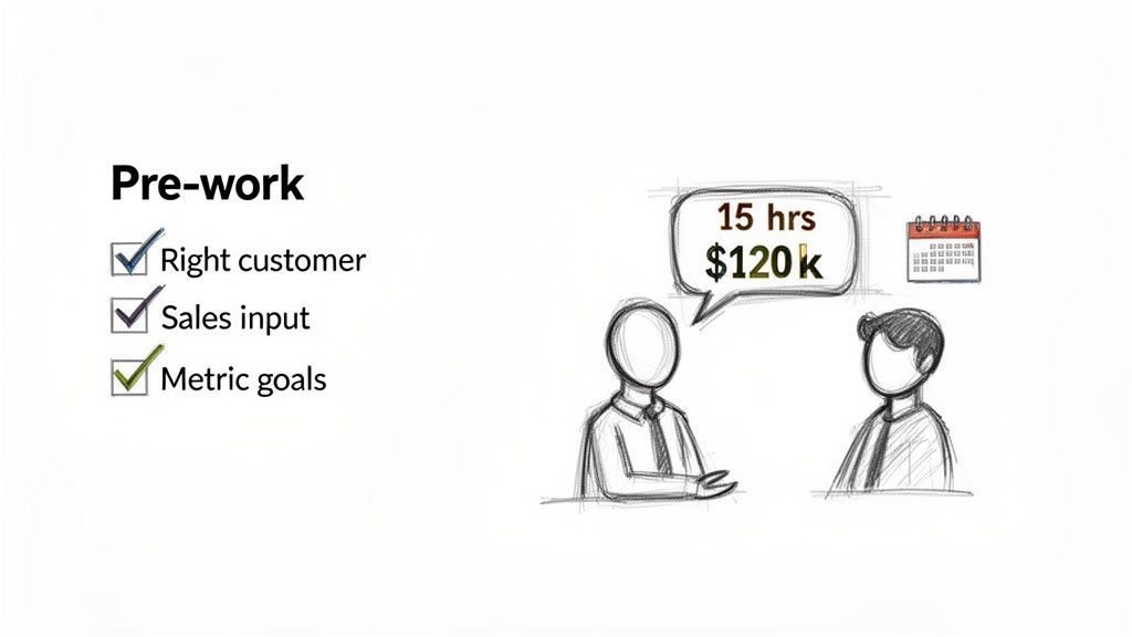 Pre-work checklist for project goals, with two figures discussing time (15 hrs) and budget ($120k).