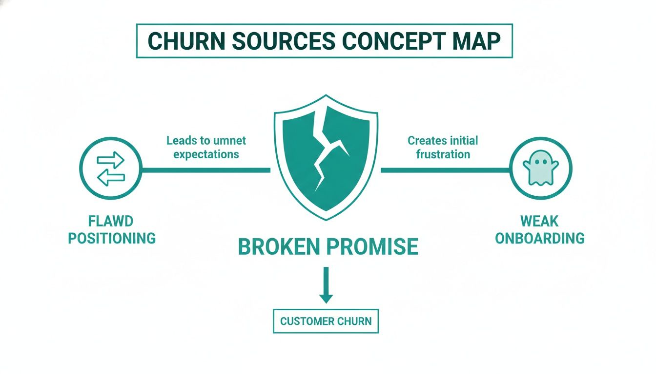 A concept map illustrating flawed positioning and weak onboarding as churn sources leading to customer churn.