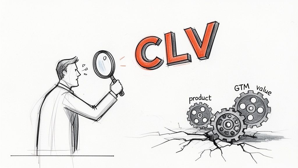 Illustration of a person examining Customer Lifetime Value (CLV) with product, GTM, and value gears.